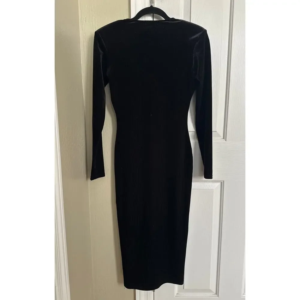 Good American Black Velvet Midi Dress Ribbed Size 2 -‎ Medium